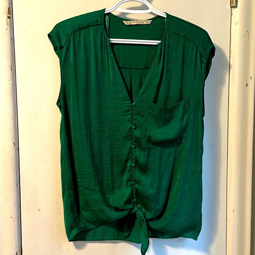 Zara- Trafaluc collection- emerald green satin like button up blouse with tie